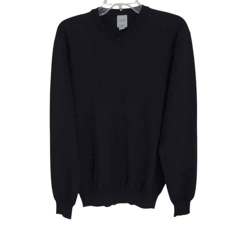 Giasone Mens Black Pullover Sweater Extra Fine Merino‎ V Neck Long Sleeve Size L